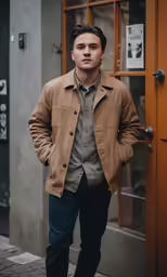 the young man is standing by a door outside