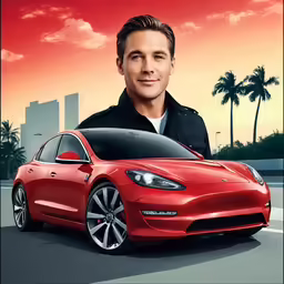 a man is leaning against the back of a red car