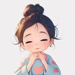 an asian woman with heart shapes is in the air