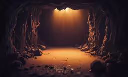 a tunnel with rocks and light rays at the end