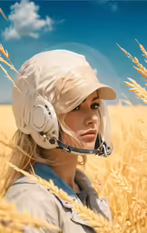 a person with ear phones in the grass