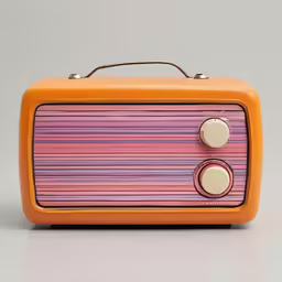 an orange and pink mini radio sitting on a white surface