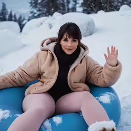 a woman in high heels sitting on a blue snow pillow
