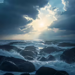 a group of rocks on a body of water with sunbeams