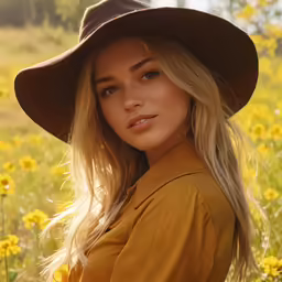 a beautiful woman in a brown hat is posing for a photo