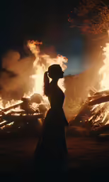a woman standing next to a large pile of fire