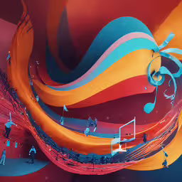 abstract painting of people with musical instruments and music notes,colorful music art with a large wave design