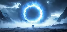 two people standing on a rocky landscape under a sky containing fire