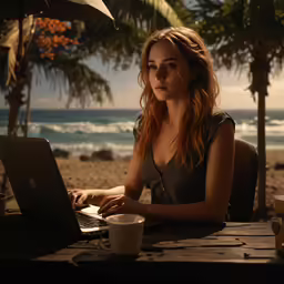 a beautiful young woman sitting in front of a laptop computer