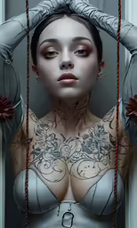 a beautiful woman with tattoos and chains is holding on to the strings