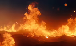 bright orange fire burning above a mountain range at night
