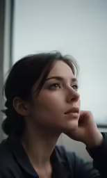 a beautiful woman sitting by a window with her hand on her cheek