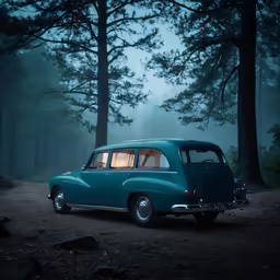 a blue vintage car is parked by some trees