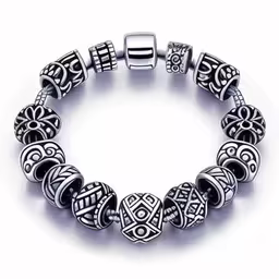 a bracelet that has an image of a black and silver beads,a bracelet with two different items on it