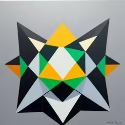an origami style star in grey and yellow,the geometric shapes show green and yellow squares,an abstract geometrically artwork is shown in an art work,an image of an abstract piece of art with different colors,a black, white, and green design of a flower