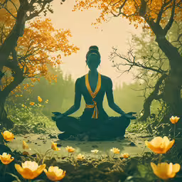 a woman is doing yoga outside in the woods,a person sits in a yoga position in a tree - lined clearing
