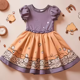 a pink and blue dress is next to a wooden clock