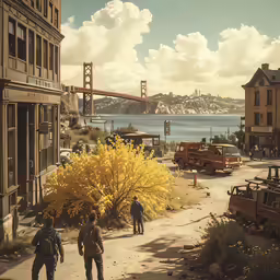 a group of people walking down a sidewalk near water