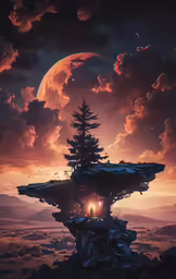 the sky is filled with stars, clouds, and an unusual structure