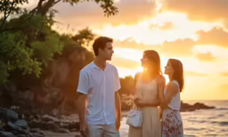 a couple walking on the beach at sunset