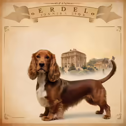 a dog standing in front of a building and with the name frudilio written in front of it