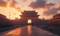 a large stone gate stands open as the sun sets