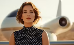 the woman in front of an airplane has red hair