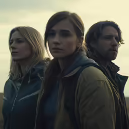 a group of people with a sky background