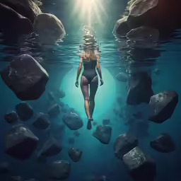 woman floating in pool between rocks near shoreline