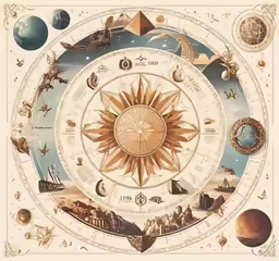 a drawing of the solar system with sun and moon on it