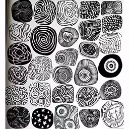 a drawing with many different types of circles and shapes,a white poster with black and white images of various circles and waves