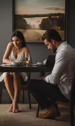 man and woman sitting at table in front of large painting