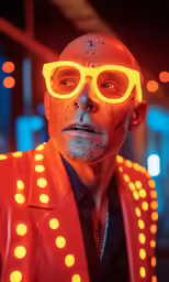 the man with the yellow glasses is dressed in neon clothing