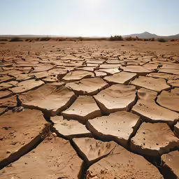 a vast dry desert landscape, with little trees and mountains in the background
