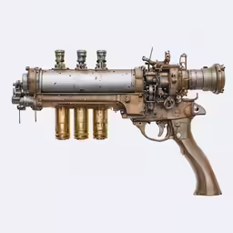 a very old looking machine gun with many brass and silver objects