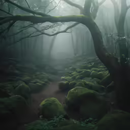 green moss on rocks and trees in the forest