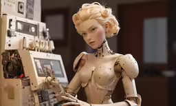 a close up of a person in a dress near a robot