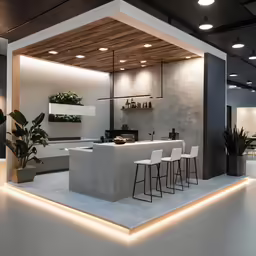 a large room with an outside bar inside