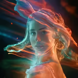 a girl looking at the camera, with her hair in motion