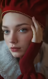 a model with light brown skin wearing a red hat and silver gloves
