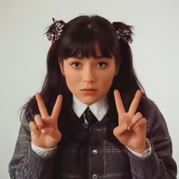 a woman posing for the camera with two fingers up