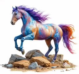 a painted horse running on rocks in the dirt