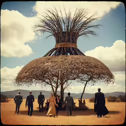 a group of people walking next to a tree