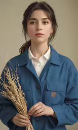 a woman in blue jacket holding stalks of wheat