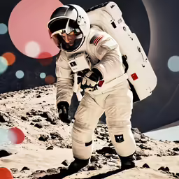 the astronaut is walking on the moon holding his suitcase