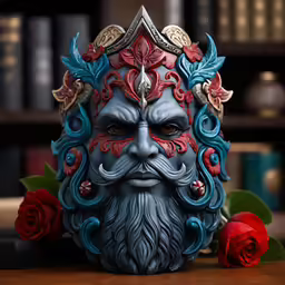 a sculpture of a bearded gnome wearing jewels and roses on a table