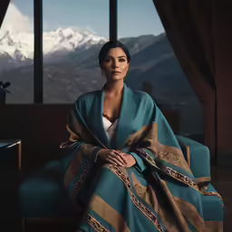 a woman sitting on top of a blue chair in front of a window