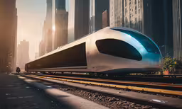 there is a very large train on the tracks,an artistic image of a futuristic looking train