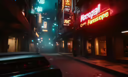 a car parked on the side of a street near buildings