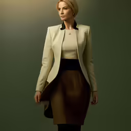 an attractive woman in brown and beige clothes
